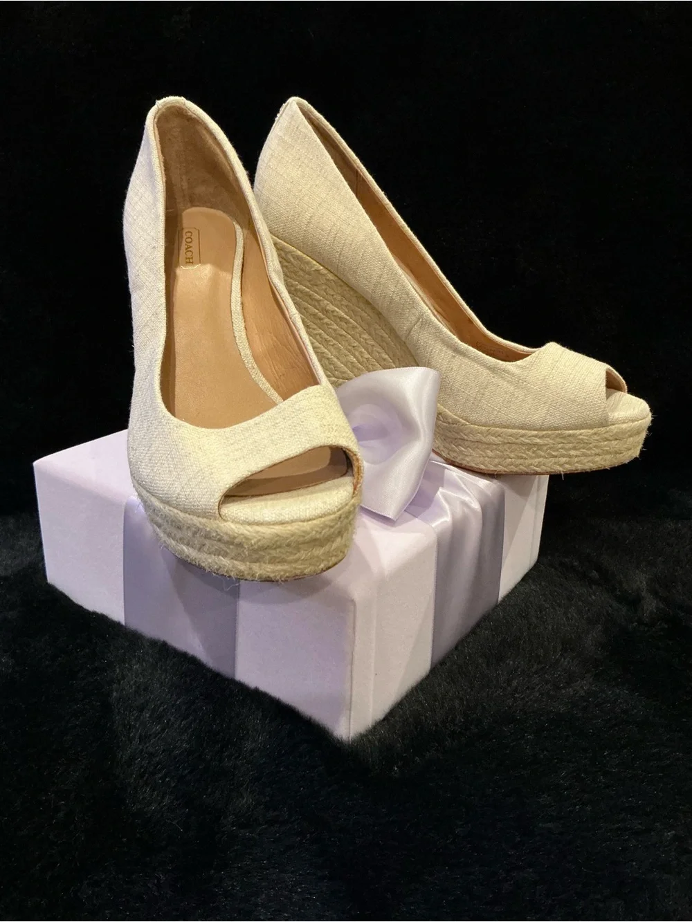 Coach Cream Linen Peep-Toe Espadrille Wedge Heels Size 9